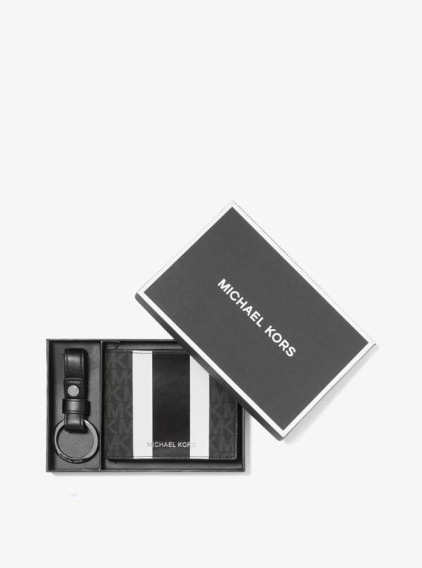 Panske Penazenky Michael Kors Logo Stripe Billfold and Keychain Gift Set Čierne - Doplnky Michael Kors Nejlevnejsi | ZQPJM-6179